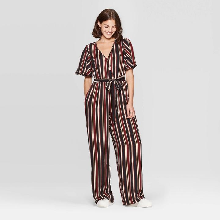 Women's Striped Short Sleeve Deep V-neck Wrap Jumpsuit - Xhilaration Black M, Women's,