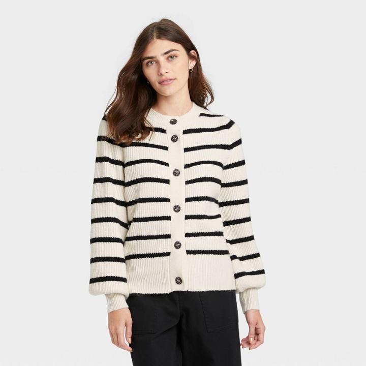 Women's Cardigan - Who What Wear Cream Striped Xs, Ivory