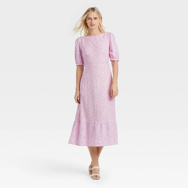 Women's Bishop Elbow Sleeve Tie-back Dress - Who What Wear Purple Floral