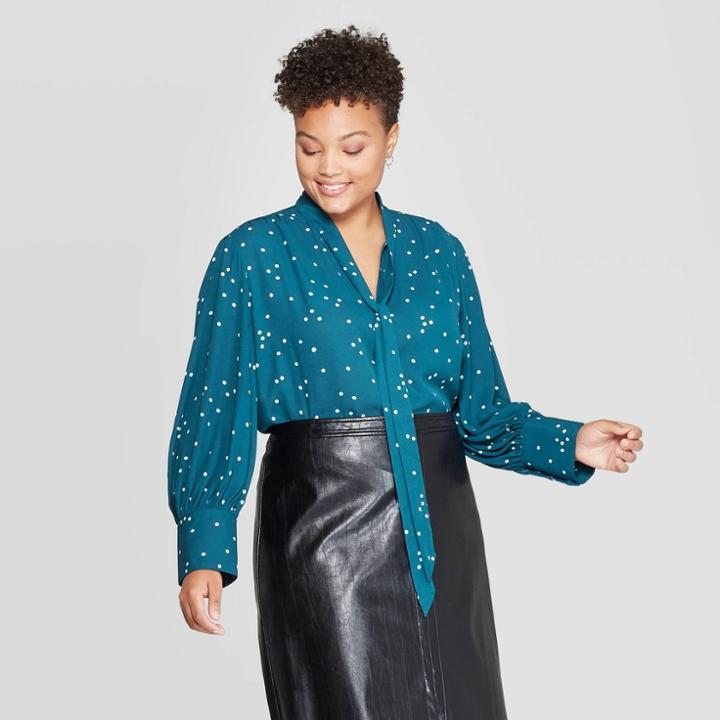 Women's Plus Size Polka Dot Long Sleeve Mock Turtleneck Blouse - Ava & Viv Navy X, Women's, White