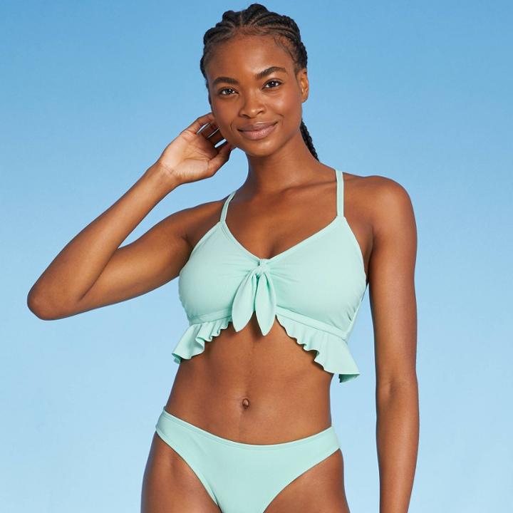 Juniors Ribbed Ruffle Tie-front Bralette Bikini Top - Xhilaration Mint Green D/dd Cup