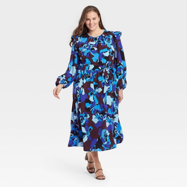 Women's Plus Size Ruffle Long Sleeve Dress - Who What Wear Black Floral
