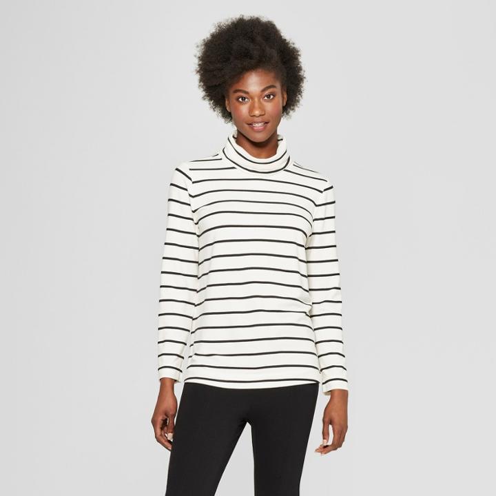 Women's Striped Long Sleeve Funnel Neck Tunic Sweatshirt - A New Day Cream/black Xl, Black Off-white