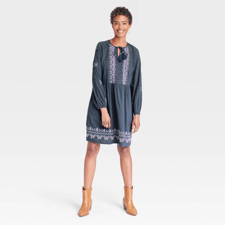Women's Balloon Long Sleeve Embroidered Dress - Knox Rose Blue