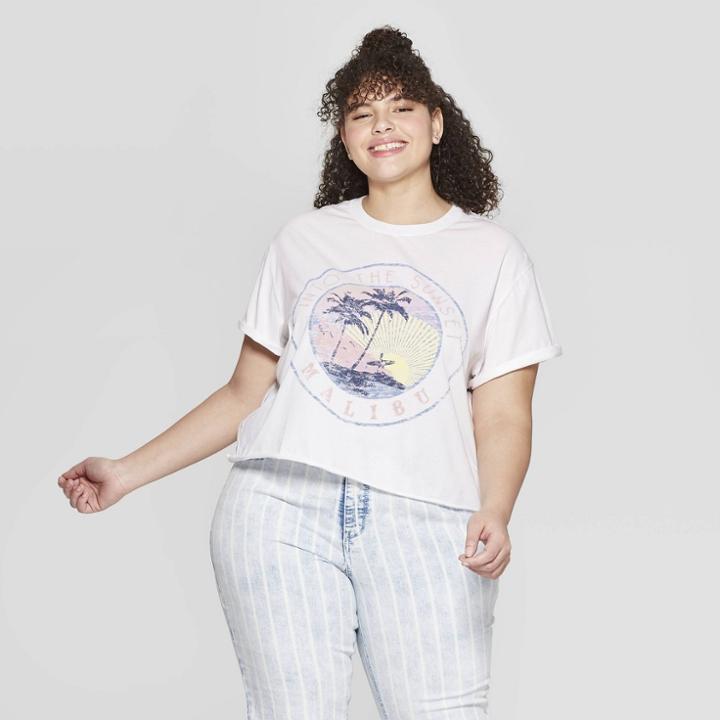 Women's Plus Size Short Sleeve Into The Sunset Cropped T-shirt - Grayson Threads (juniors') - White