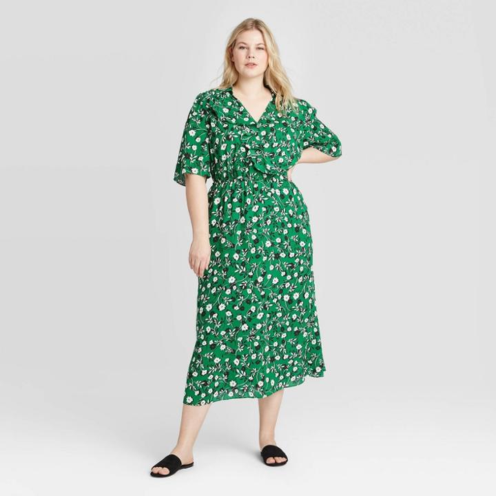 Women's Plus Size Floral Print Elbow Sleeve Dress - Who What Wear Green 1x, Women's,