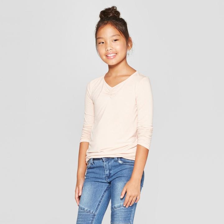 Girls' Long Sleeve Cinched Front T-shirt - Art Class Beige