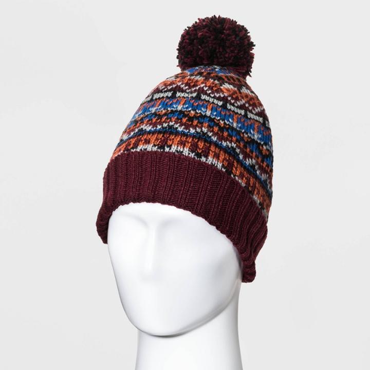 Men's Sherpa Lined Fair Isle Pom Beanie - Goodfellow & Co Burgundy, Red
