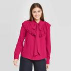 Women's Ruffle Long Sleeve Dramatic Blouse - A New Day Dark Pink