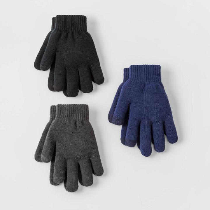 Boys' 3pk Gloves - Cat & Jack Black/gray/navy