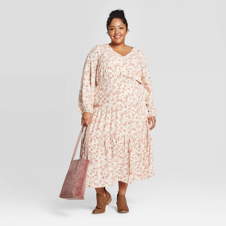 Women's Plus Size Floral Print Long Sleeve V-neck Midi Dress - Universal Thread Cream 4x, Women's, Size: