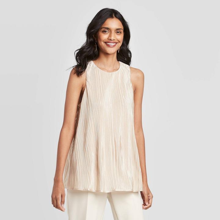 Women's Crewneck Crinkle Shine Tank Top - A New Day Cream Xs, Women's, Ivory