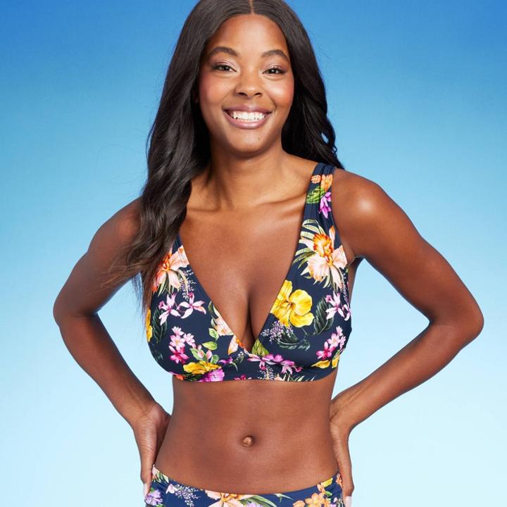 Women's Tropical Print Longline Bikini Top - Kona Sol Navy Blue D/dd Cup