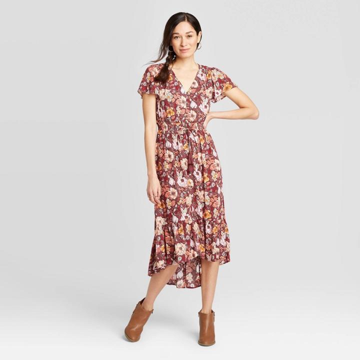 Women's Floral Print Short Sleeve Midi Dress - Knox Rose Purple