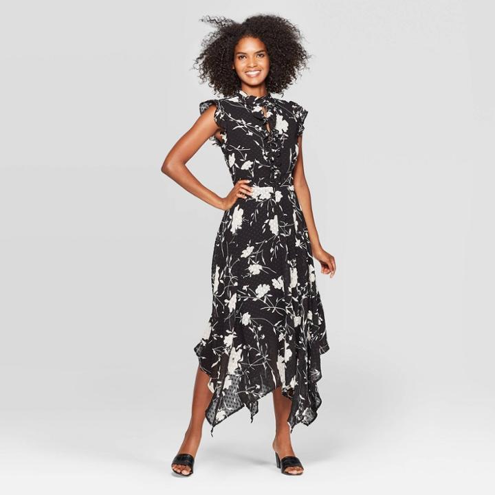 Women's Floral Print Sleeveless Deep V-neck Midi Dress - Who What Wear Black/white S, Women's,