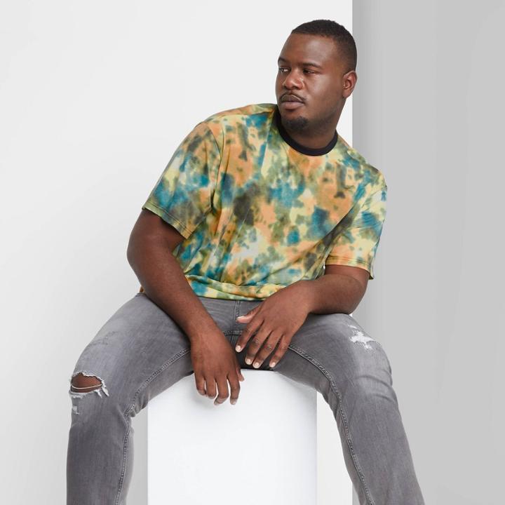Adult Extended Size Printed Casual Fit Short Sleeve Round Neck T-shirt - Original Use Green/tie-dye Design