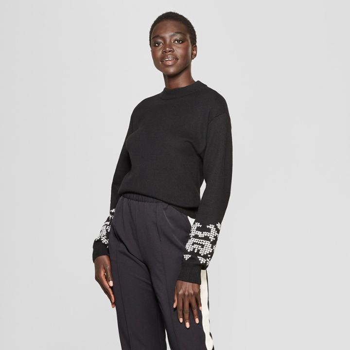 Women's Long Embroidered Sleeve Crew Neck Sweater - Who What Wear Black