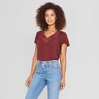 Women's Short Sleeve V-neck Blouse With Tassels - Knox Rose Burgundy (red)