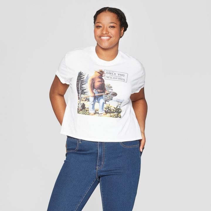 Women's Smokey Bear Plus Size Short Sleeve Crop T-shirt - (juniors') - White