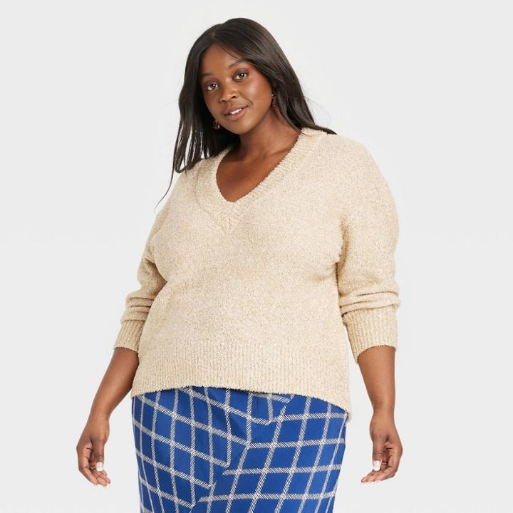 Women's Plus Size Lurex V-neck Sweater - Ava & Viv Cream X, Ivory