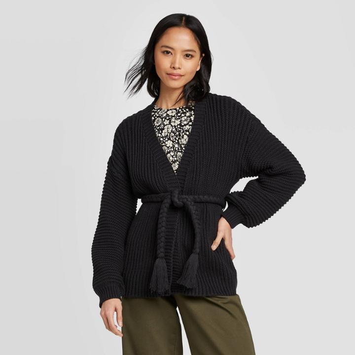 Women's Long Sleeve Chunky Cardigan With Tassel Tie - Who What Wear Black