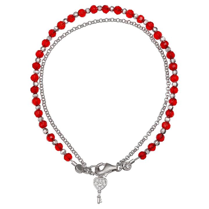 Distributed By Target Women's Sterling Silver Rolo Bracelet With Key Accent And Crystals - Silver/red