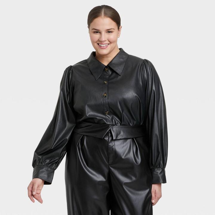 Women's Plus Size Bishop Long Sleeve Button-down Shirt - Who What Wear Black