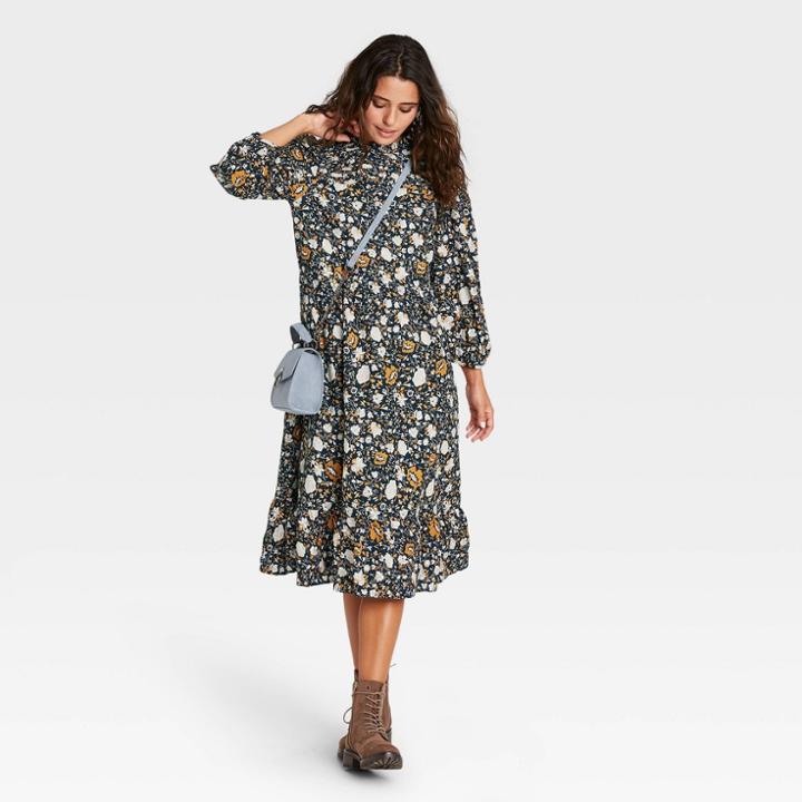 Women's Floral Print Long Sleeve Dress - Universal Thread Navy