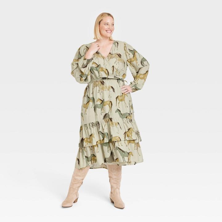 Women's Plus Size Long Sleeve Wrap Dress - Knox Rose Green