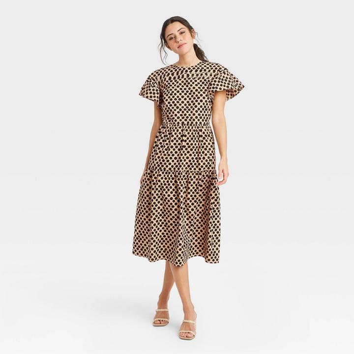 Women's Polka Dot Flutter Short Sleeve A-line Dress - Who What Wear Brown