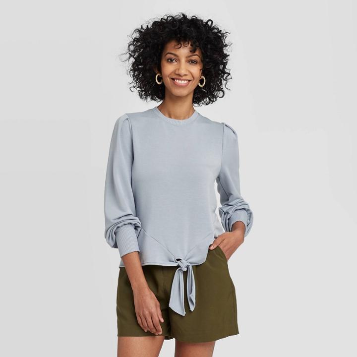 Women's Long Sleeve Crewneck Tie Front Top - A New Day Blue