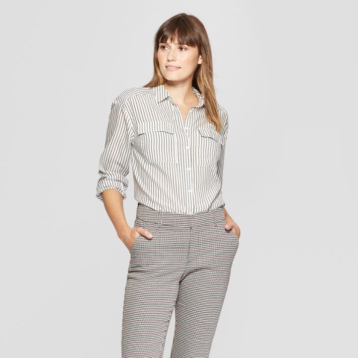 Women's Long Sleeve Striped Utility Shirt - A New Day Gray