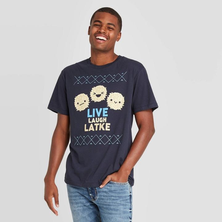 Mad Engine Men's Hanukkah Live Laugh Latke Ugly Christmas Short Sleeve Graphic T-shirt - Navy