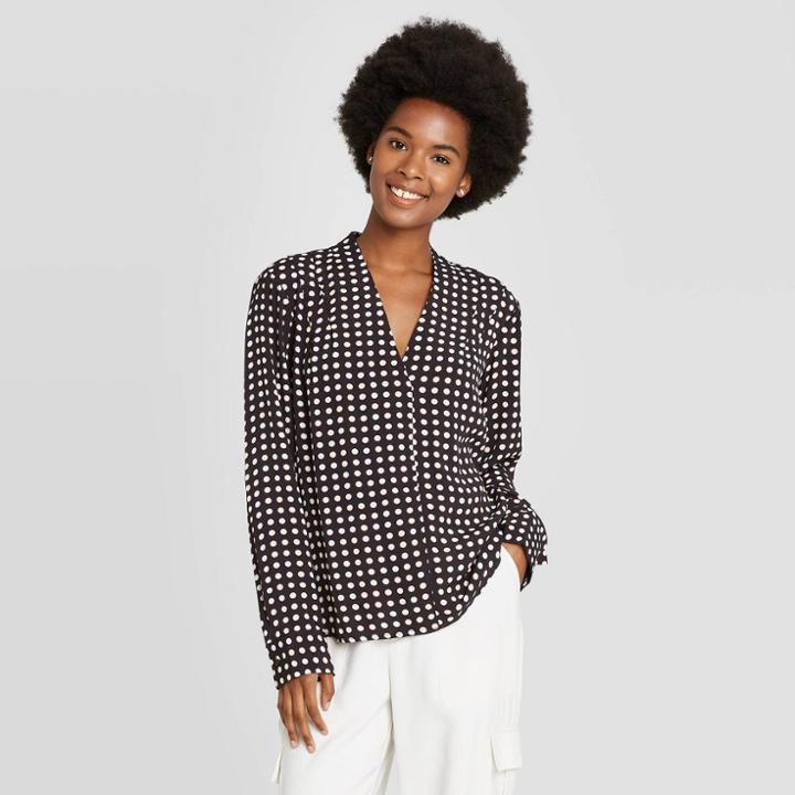Women's Polka Dot Long Sleeve Popover Blouse - A New Day Black