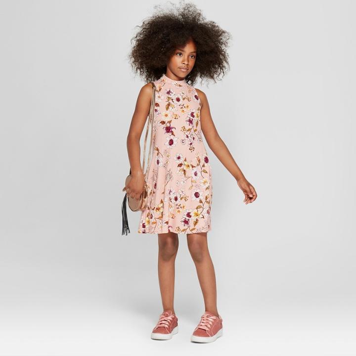 Girls' High Neck Rib Dress - Art Class Peach
