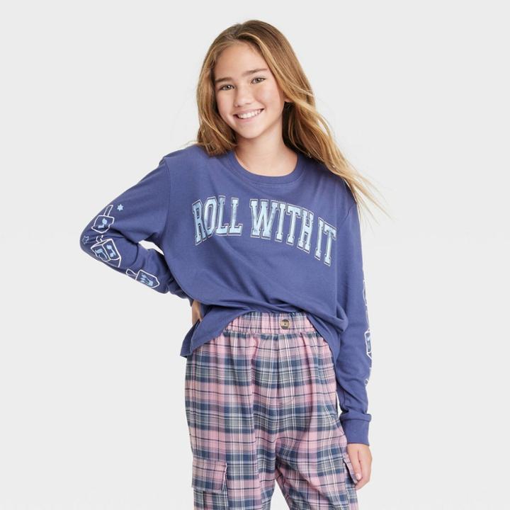 Girls' Boxy Cropped 'roll With It' Long Sleeve Graphic T-shirt - Art Class Navy Blue