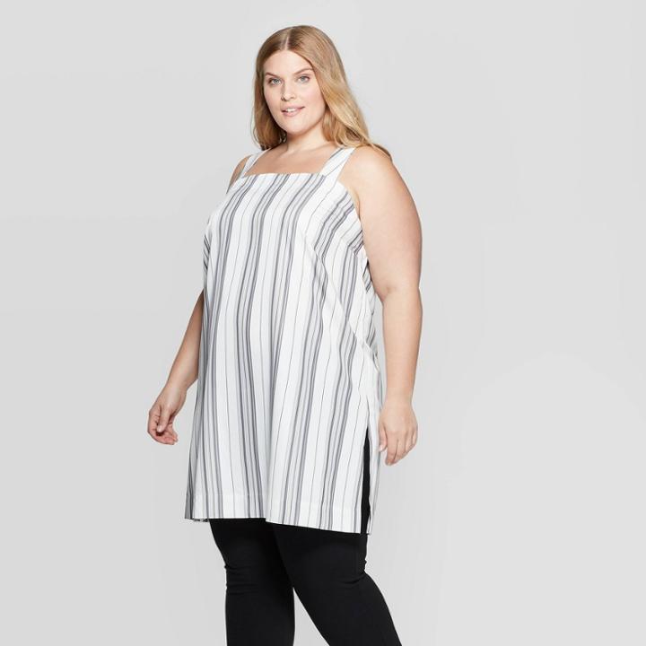 Women's Plus Size Striped Sleeveless Square Neck Stripe Tunic Blouse - Prologue Gray Stripe