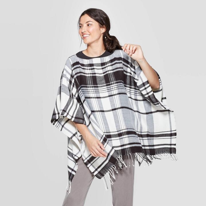 Women's Plaid Poncho - A New Day Tan One Size, Women's, Black