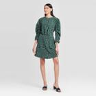 Women's Leopard Print Long Sleeve Boat Neck A Line Mini Dress - Who What Wear Green