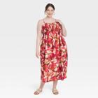 Women's Plus Size Spaghetti Strap Smocked Dress - A New Day Dark Red Floral