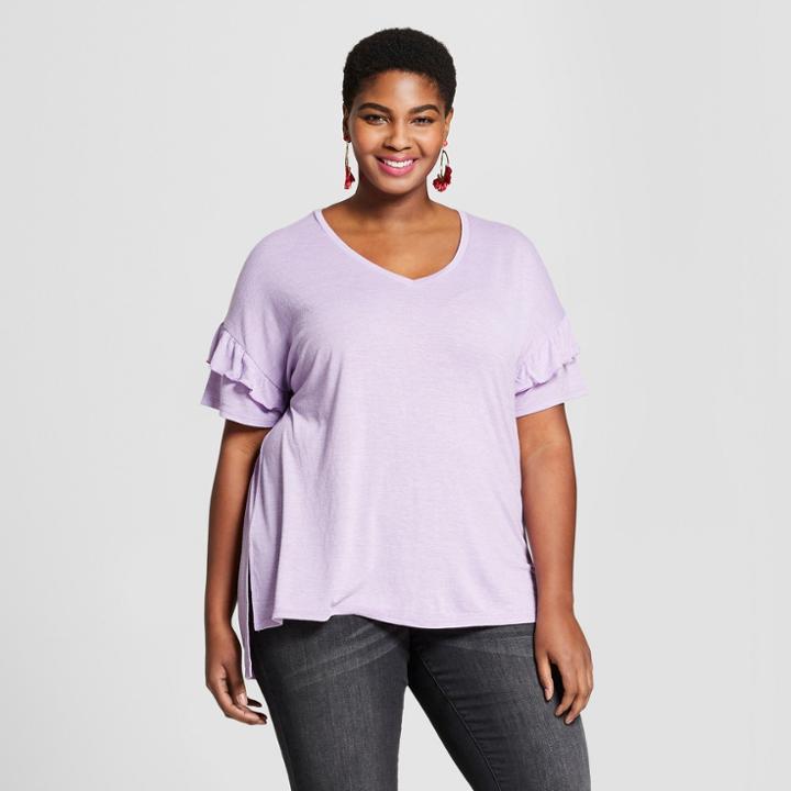 Women's Plus Size Knit Top Ruffle Short Sleeve - Ava & Viv Purple Heather X