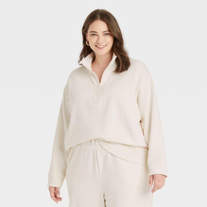 Women's Plus Size Fleece Quarter Zip Sweatshirt - A New Day Cream
