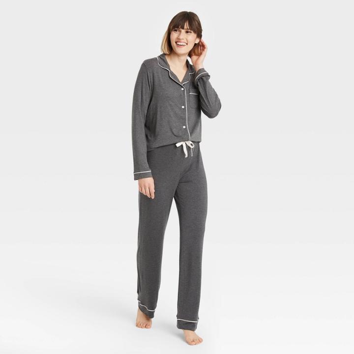 Women's Beautifully Soft Long Sleeve Notch Collar Top And Pants Pajama Set - Stars Above Heathered Gray