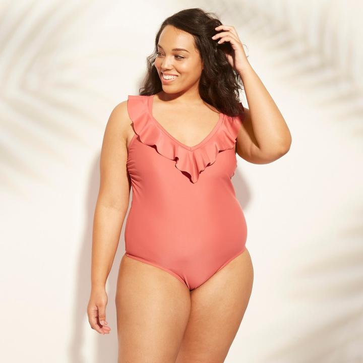 Women's Ruffle Neck One Piece Swimsuit - Xhilaration Pink