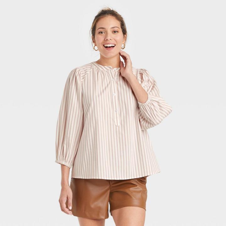 Women's Puff 3/4 Sleeve Blouse - A New Day Cream Striped Xs, Ivory