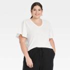 Women's Plus Size Flutter Short Sleeve Scoop Neck Linen T-shirt - A New Day Cream
