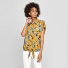 Women's Floral Print Short Sleeve Collared Top - Needlework Yellow