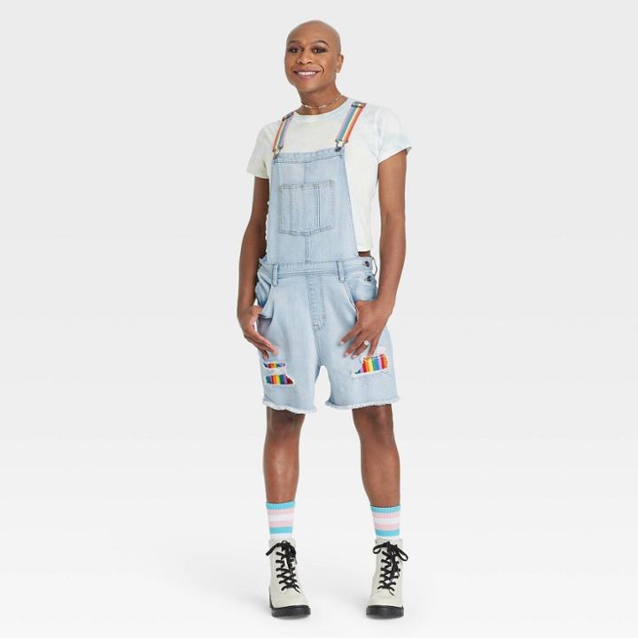 Ev Lgbt Pride Pride Gender Inclusive Adult 5 Rainbow Jean Strap Shortalls - Light Blue