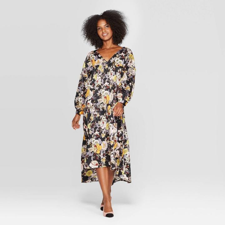 Women's Floral Print Long Sleeve V-neck Tiered Tent Midi Dress - Who What Wear Black S, Women's,