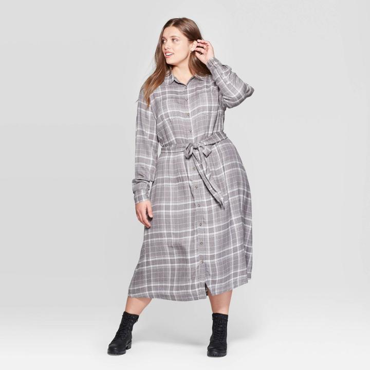 Women's Plus Size Plaid Long Sleeve Collared Midi Tie Belt Shirtdress - Universal Thread Gray 2x, Women's,